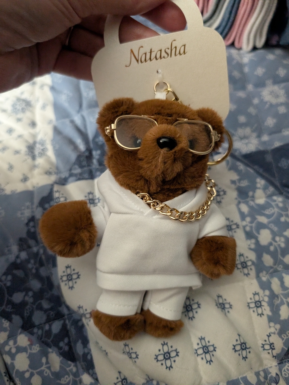 Natasha Couture Brown Plush Bear Keychain with White Outfit & Gold Accents